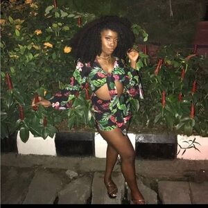 Floral flower tropical longsleeve tie black Boohoo Romper